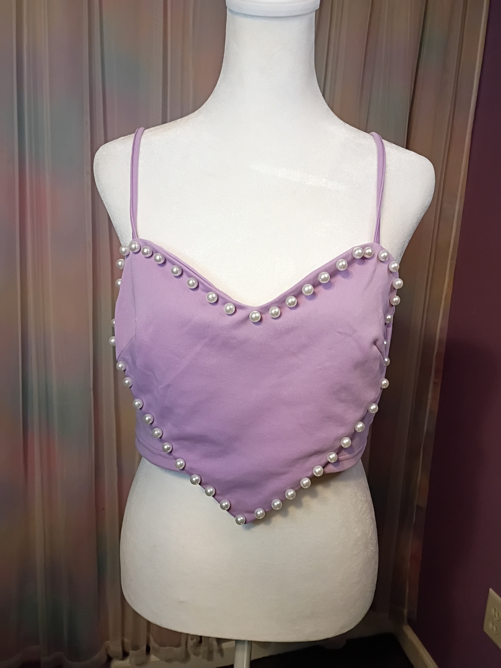 Shein Lavender Purple Pearl-Trim Heart Shaped Crop Top Cami Size Large